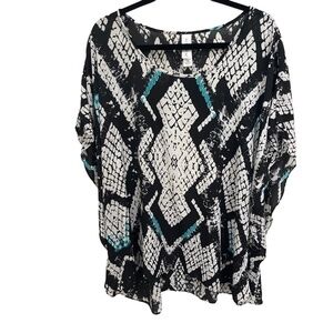 Pure Energy Batwing Hi-Low Scoop Neck Black White Teal Shear Top Size 2X